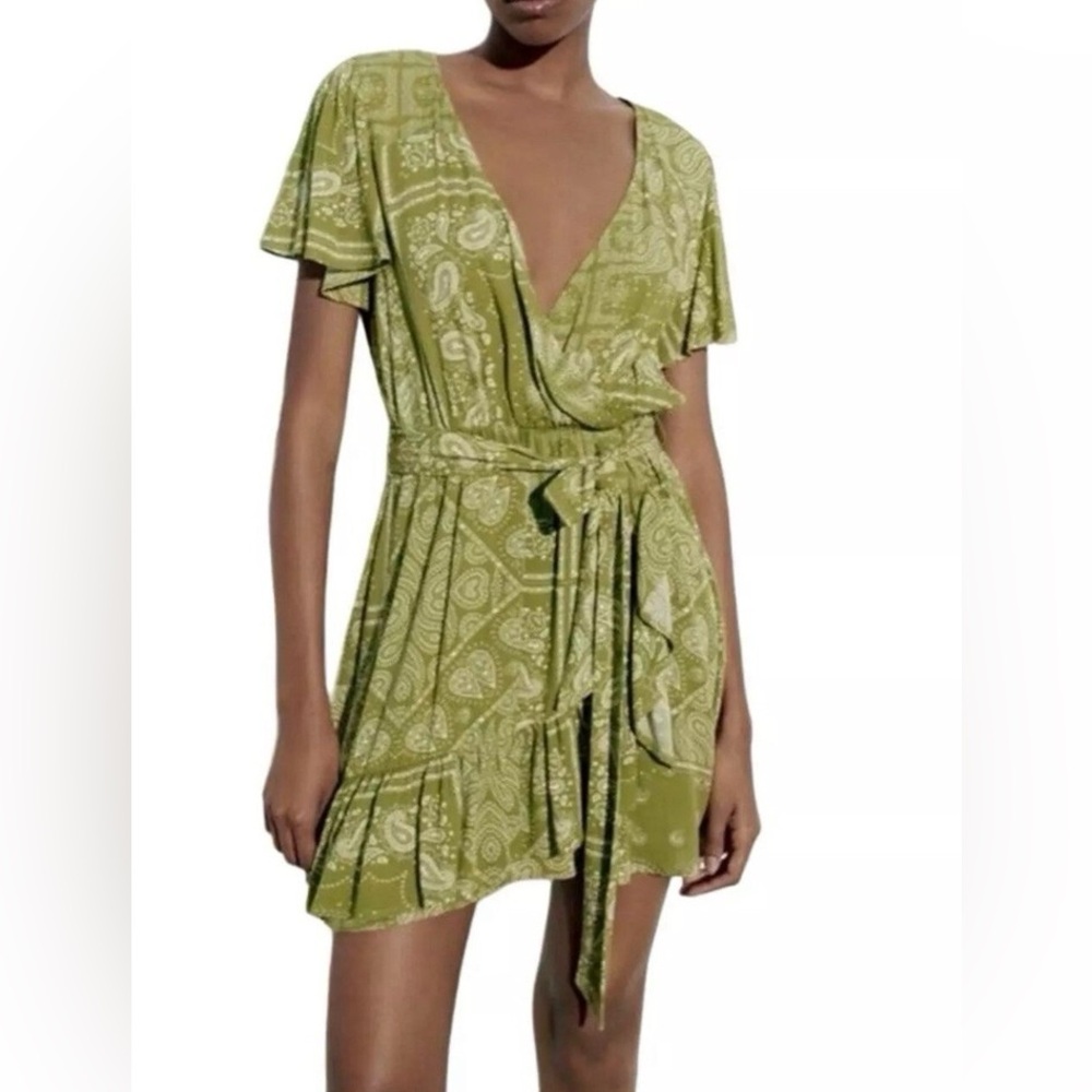 ZARA | Paisley Print Minidress In Green - Deep V Crossover Neckline